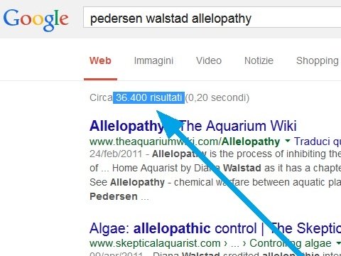Risultati di una ricerca Google per i termini "Allelopatia", "Walstad" e "Pedersen"