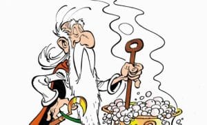 Il druido Panoramix che prepara la sua magica pozione